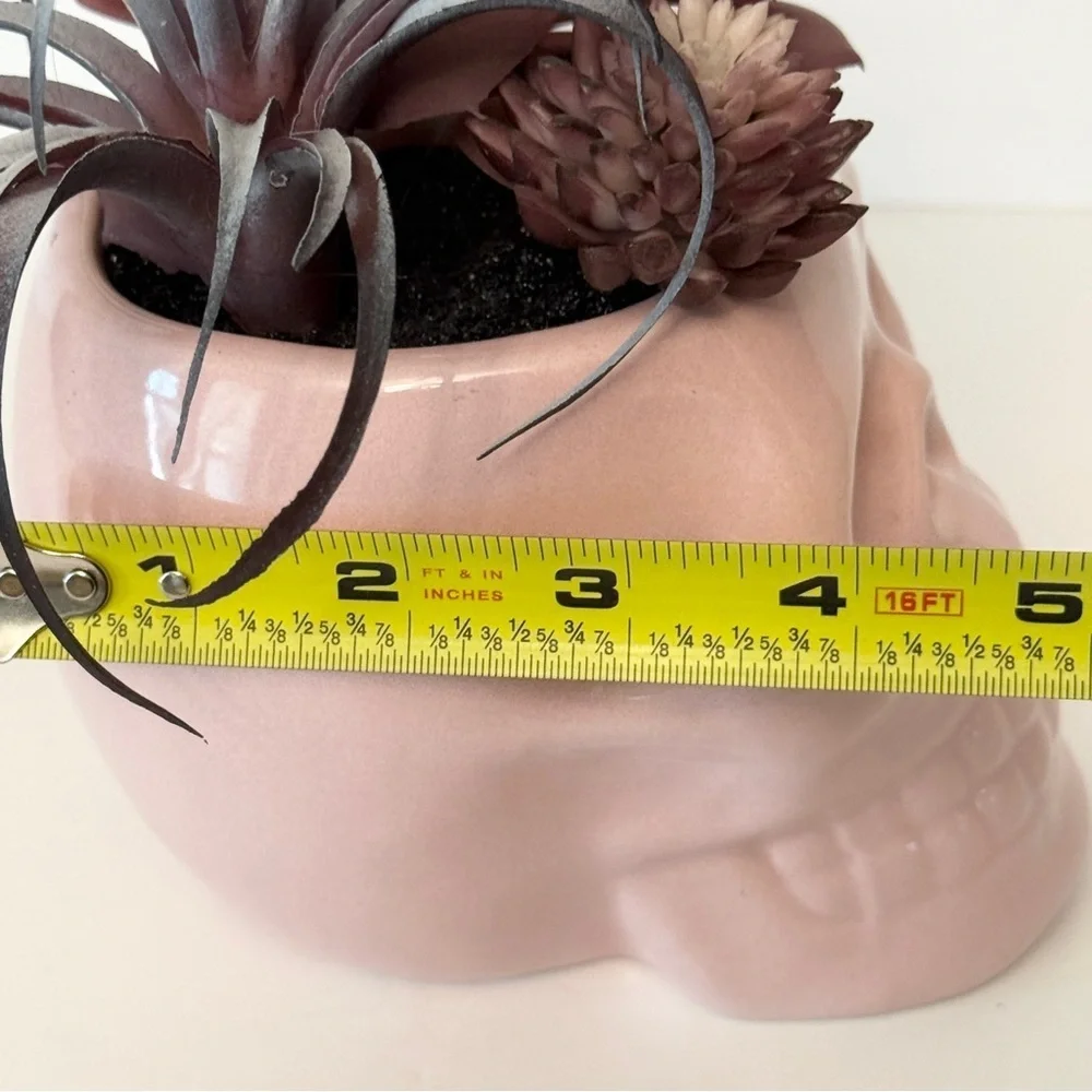 Pink Skull Planter with Faux Succulents